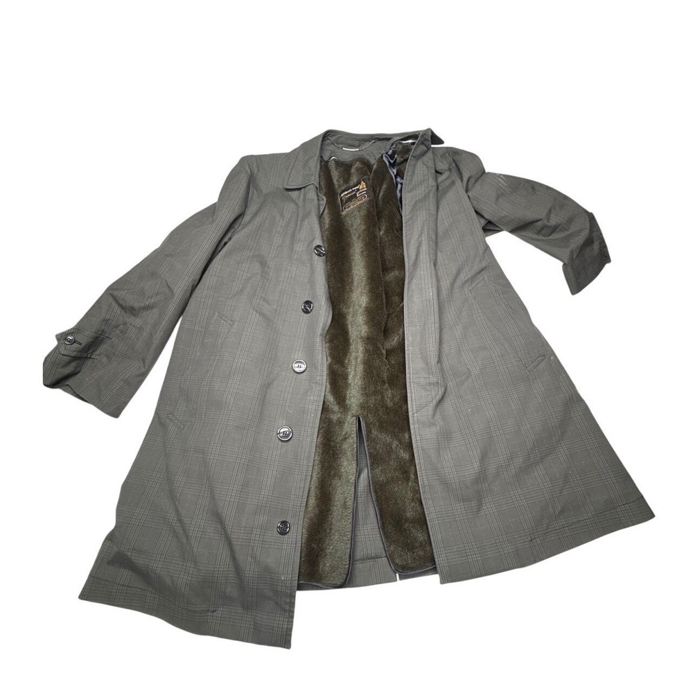 Vintage London Fog Maincoats Grey Plaid Trench Coat Zip Out Fur Liner Mens 36R